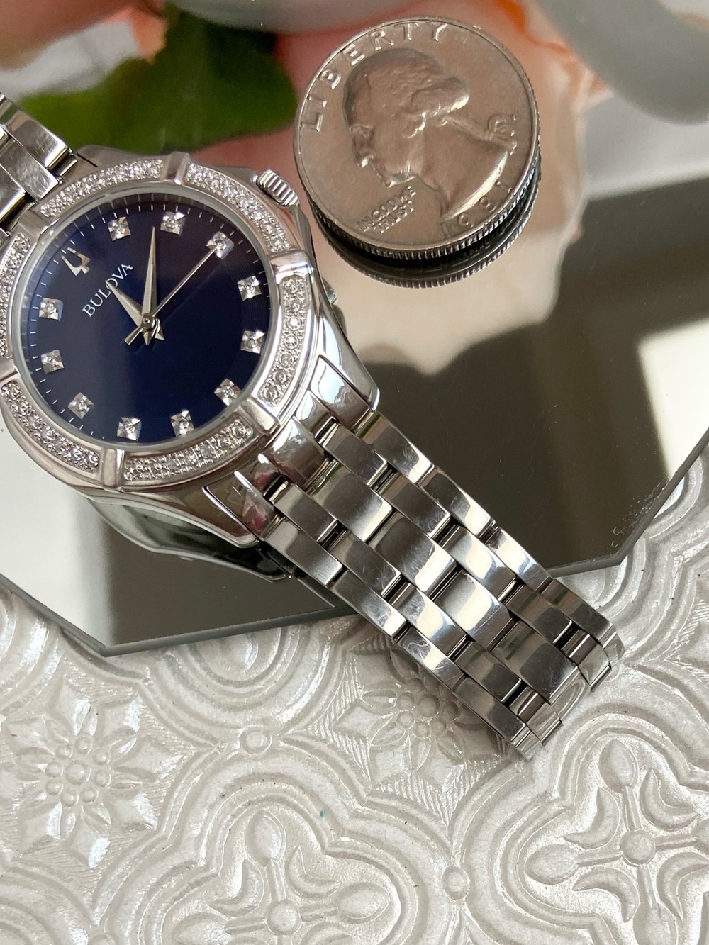 Bulova Diamond Accented Bezel & Dial Blue Mother of Pearl Dial Stainless Watch - Picture 16 of 16